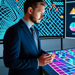 A focused professional strategist, wearing a modest business suit, intently analyzing a holographic projection displaying abstract, colorful geometric patterns that represent game pieces and strategic pathways. The projection shows dynamic, cascading elements and subtle glow effects, symbolizing powerful combos and chain reactions. The setting is a modern, clean, and well-lit office environment. Perfect anatomy, correct proportions, natural pose, well-formed hands, proper finger count. Professional photography, high quality, detailed, studio lighting, safe for work, appropriate content, fully clothed, family-friendly.